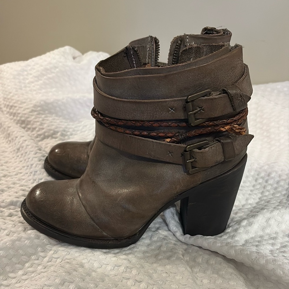Freebird by Steven Distressed Brown Ankle Booties with Buckle Details